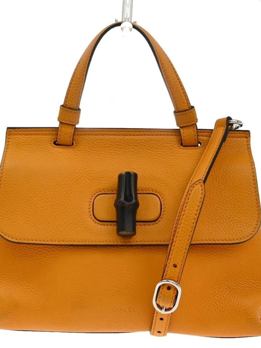GUCCI GG Logo Daily 2Way Shoulder Hand Bag Bamboo Leather Orange 72KP091